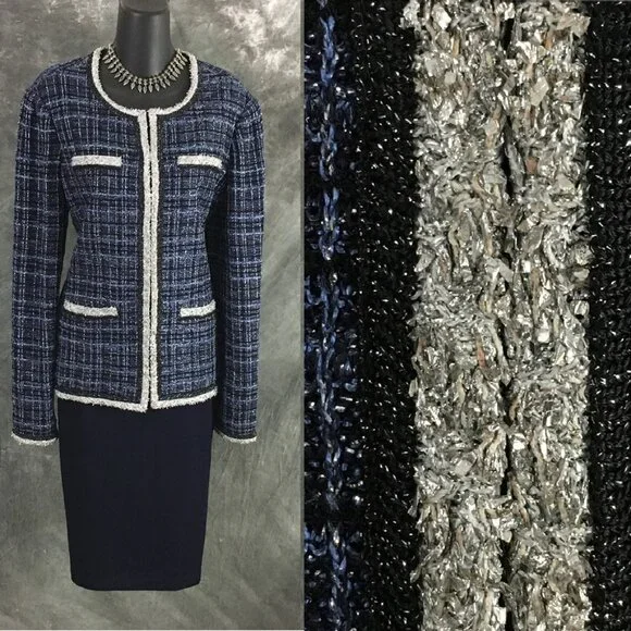 BEAUTIFUL st john knit Blue silver shimmer jacket skirt suit size 8 10 - Picture 1 of 10